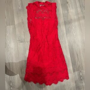 Free People Open-Back High-Neck Lace Dress in vibrant red, worn once